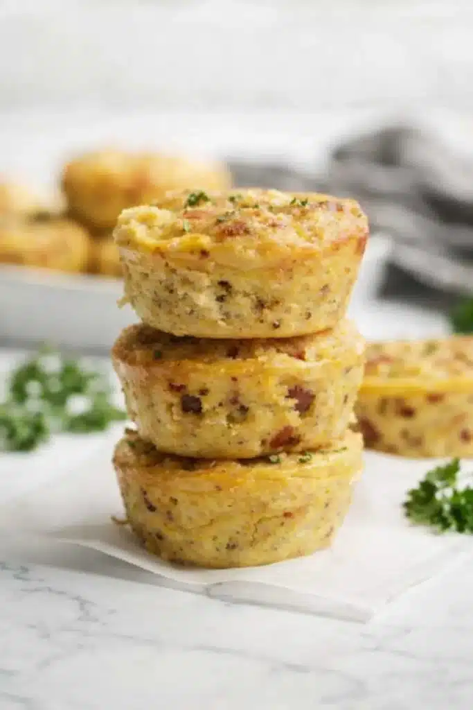 Stack of golden cottage cheese egg bites with bacon on white parchment