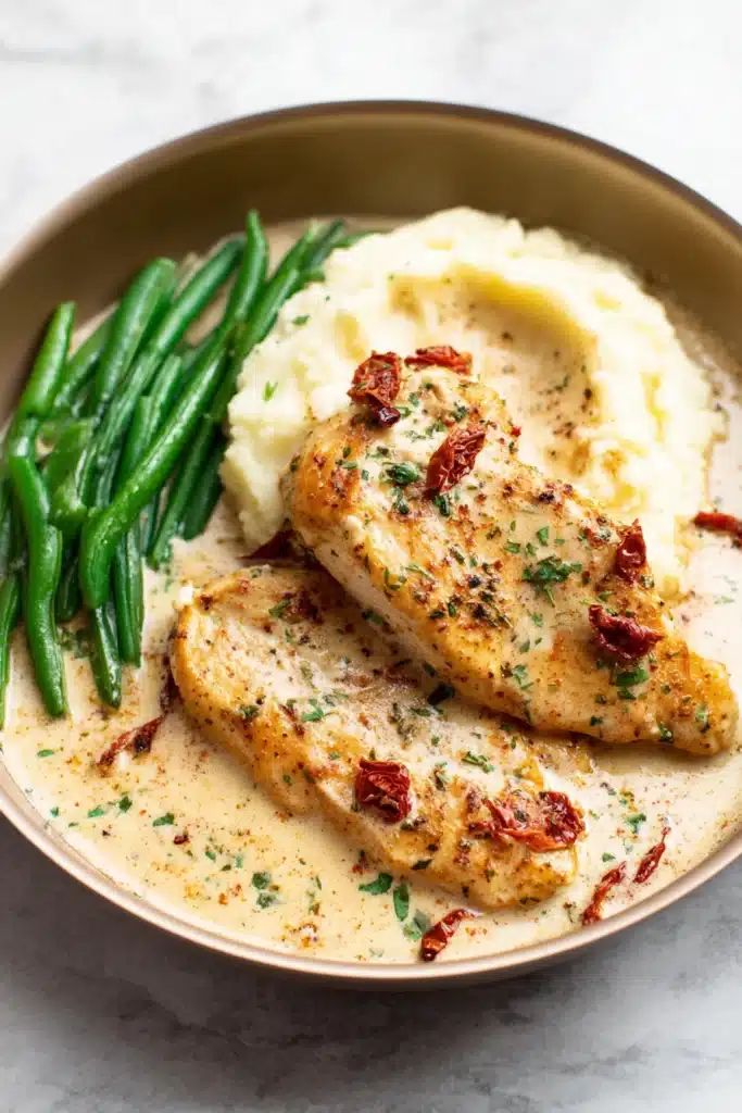 Creamy Cajun chicken with mashed potatoes and green beans on a plate