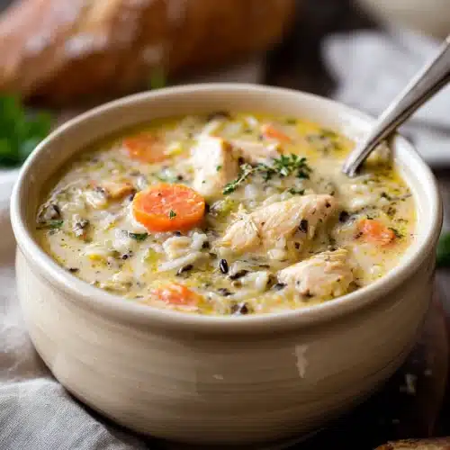Creamy Chicken Tortilla Soup 5 Creamy Chicken Tortilla Soup in a bowl with carrots and bread
