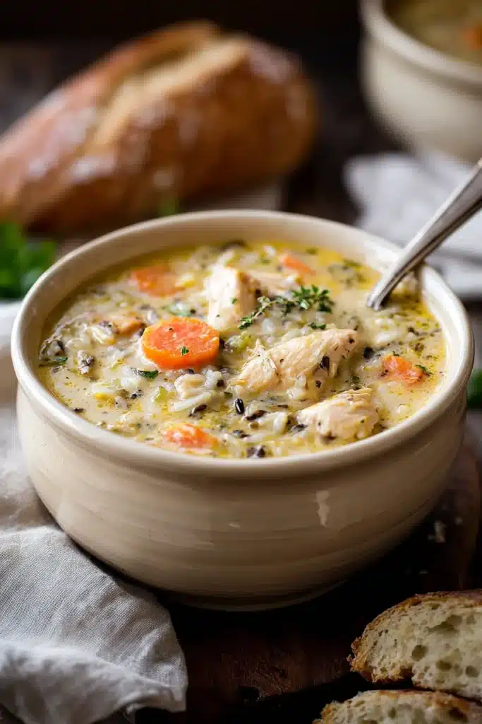 Creamy Chicken Tortilla Soup 1 Creamy chicken and wild rice soup in a bowl with carrots and bread