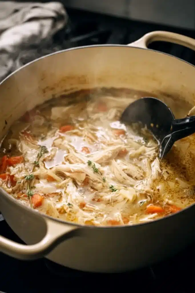 Creamy Chicken Tortilla Soup 4 Simmering chicken, carrots, and broth in Dutch oven for creamy chicken tortilla soup
