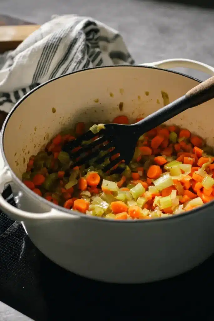 Creamy Chicken Tortilla Soup 3 Sautéed carrots, celery, and onions in a Dutch oven for creamy chicken tortilla soup