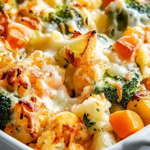 Cheesy creamy vegetable casserole with broccoli, carrots, and cauliflower in a white baking dish