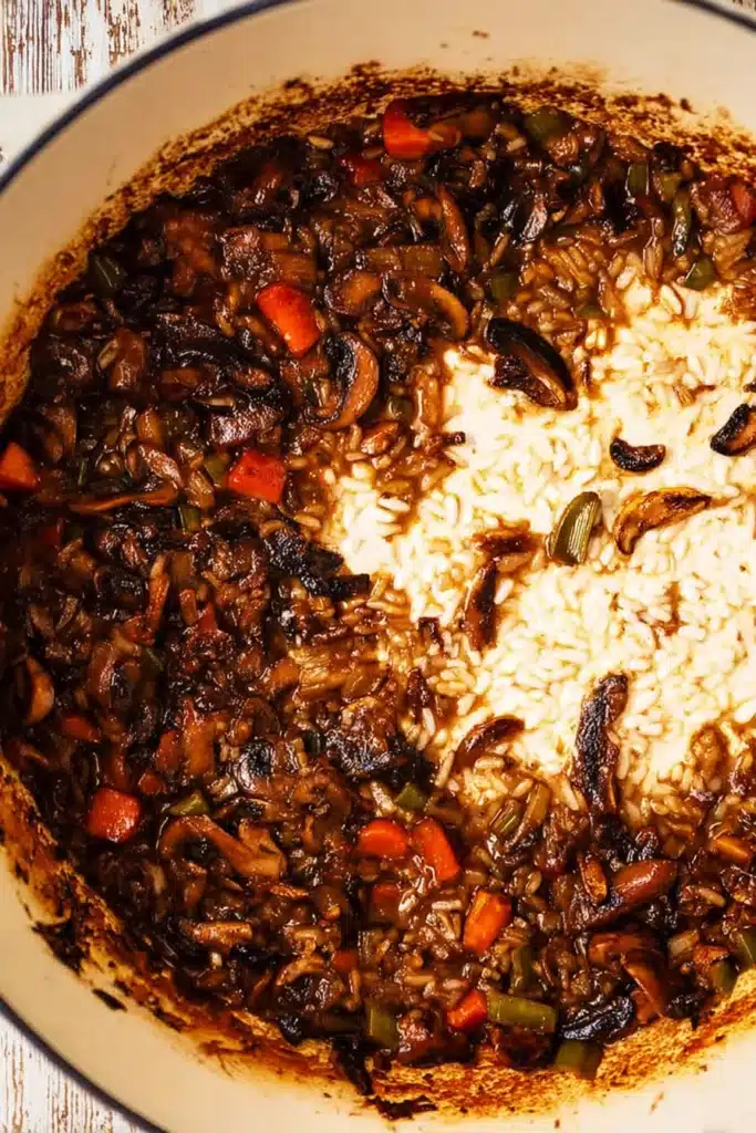 Caramelized mushrooms and vegetables in a pot before deglazing