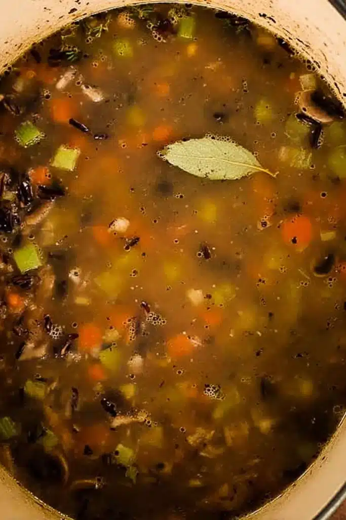 Simmering wild rice and mushroom soup with carrots and celery