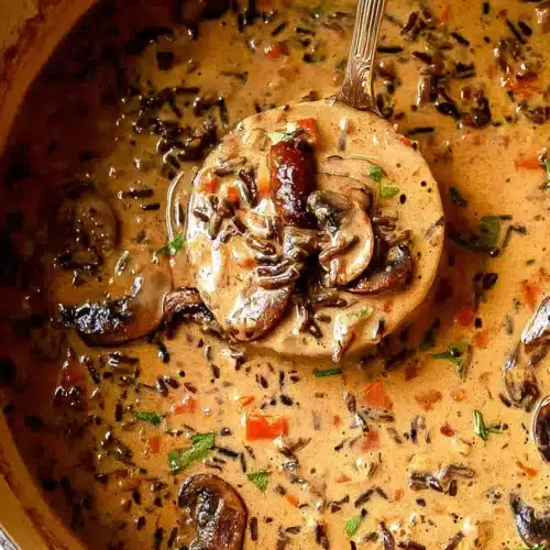 Creamy wild rice and mushroom soup in a pot with a ladle