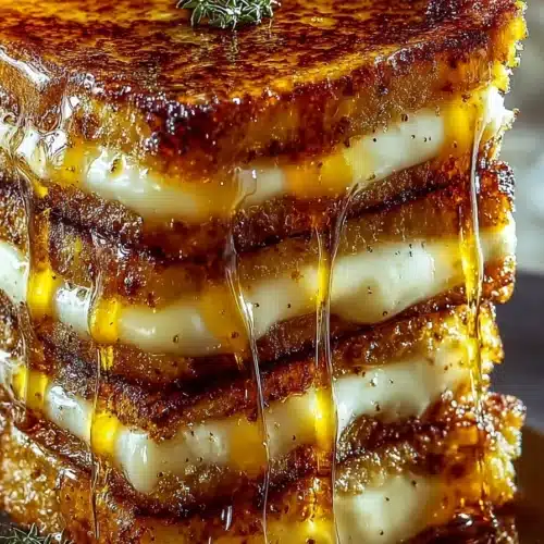 Crème Brûlée French Toast stack dripping with syrup on a plate