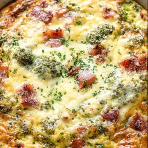 Crustless quiche with broccoli, bacon, and cheese in a ceramic dish