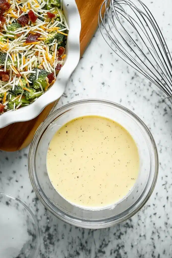 Whisked egg mixture next to broccoli and cheese filling for crustless quiche