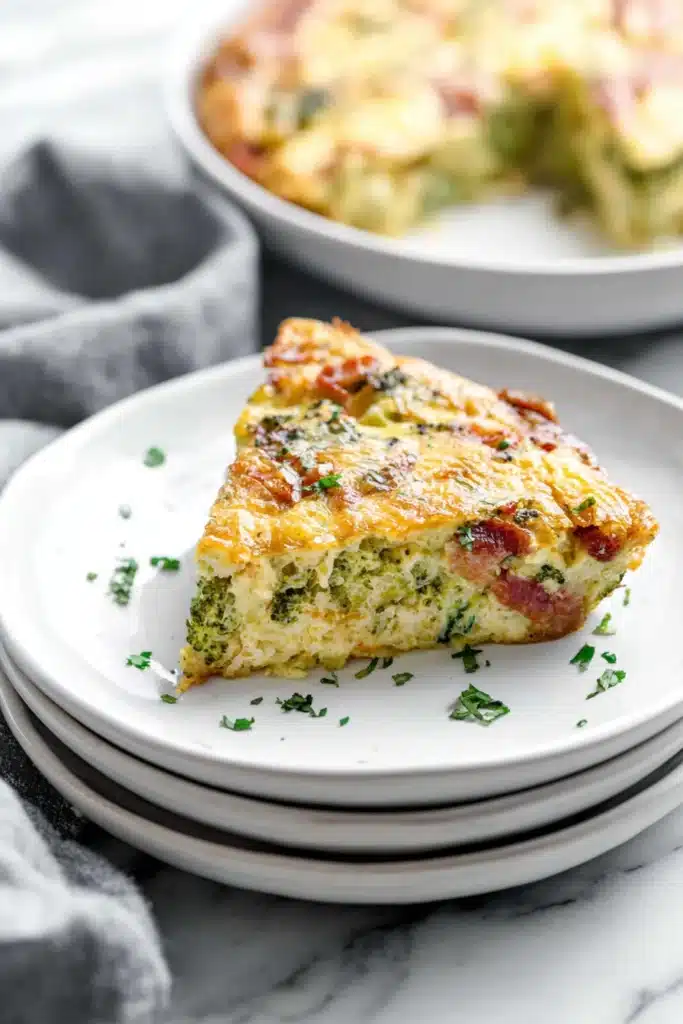 Slice of crustless quiche with broccoli, bacon, and melted cheese on white plate