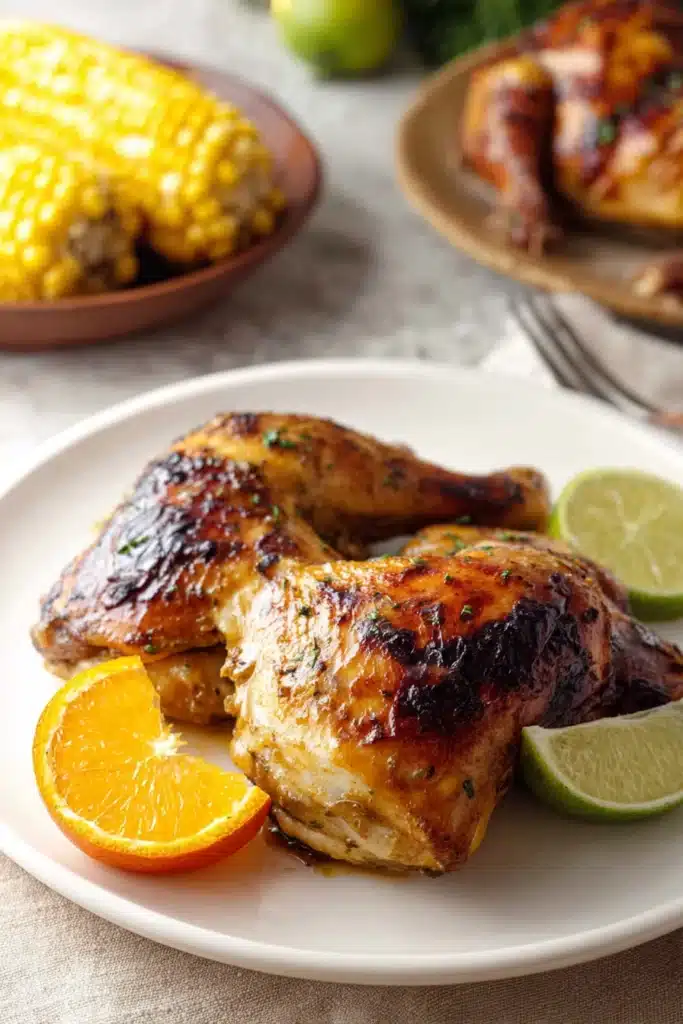 Cuban Mojo Chicken pieces with citrus wedges on white plate