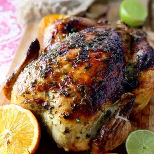 Golden roasted Cuban mojo chicken with citrus wedges on a rustic board