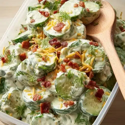 Creamy cucumber snack salad with bacon, cheddar, and herbs in a white bowl