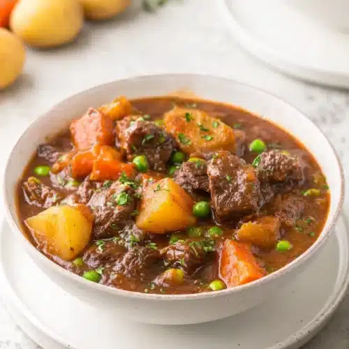 Hearty Dutch oven beef stew with carrots, potatoes, and peas in a white bowl