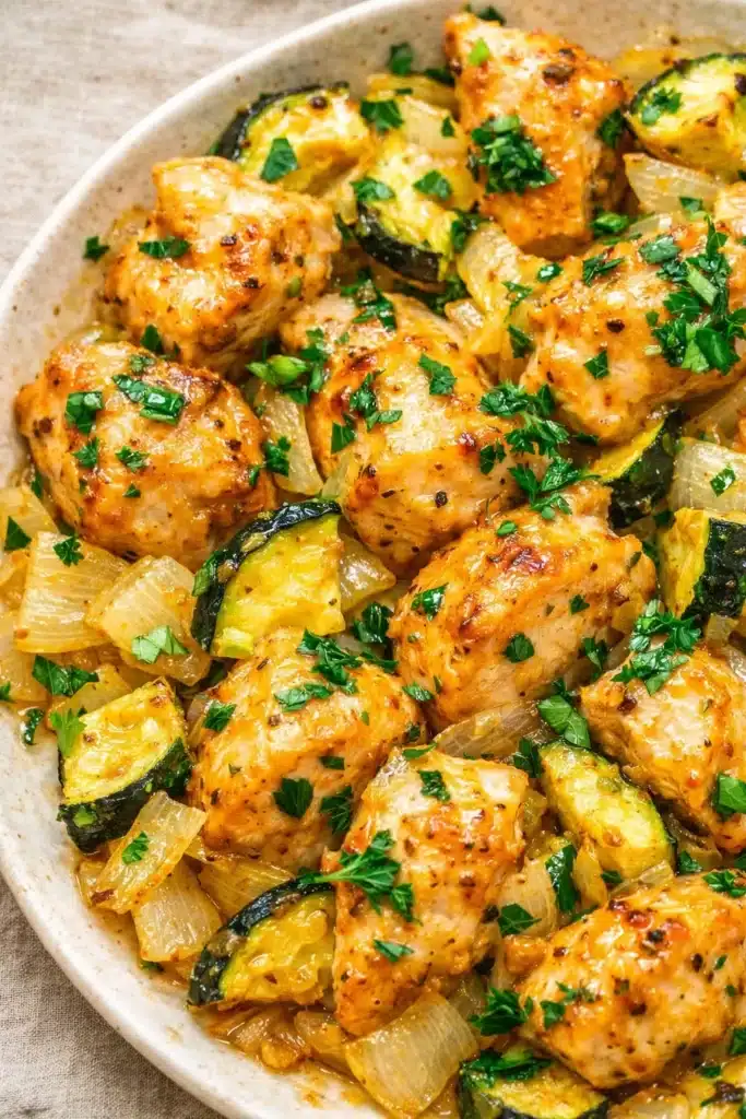 Close-up of baked chicken and zucchini with herbs and onions