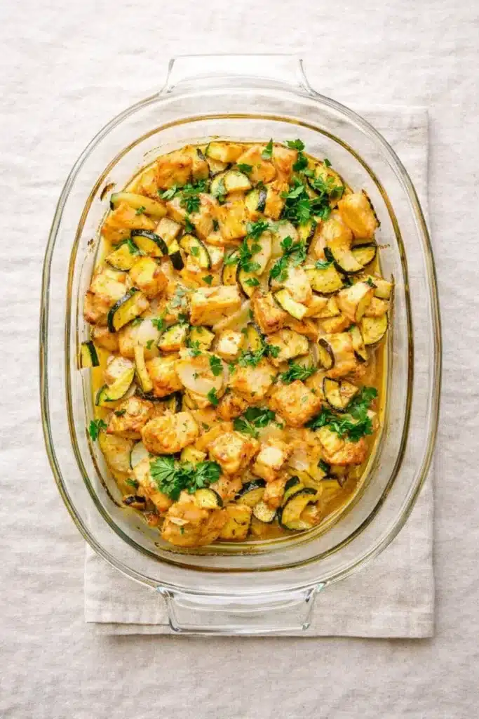 Easy baked chicken and zucchini casserole in a glass dish with herbs