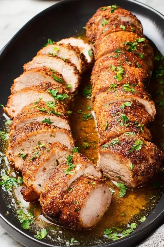 Sliced juicy baked pork tenderloin with pan juices and parsley