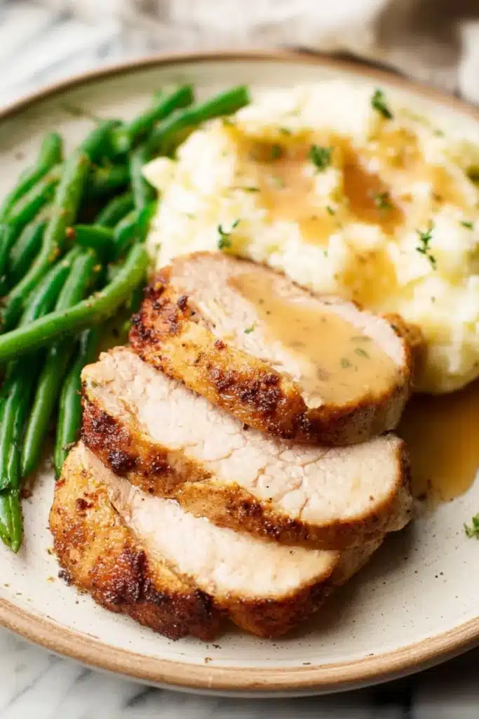 Juicy baked pork tenderloin with mashed potatoes and green beans