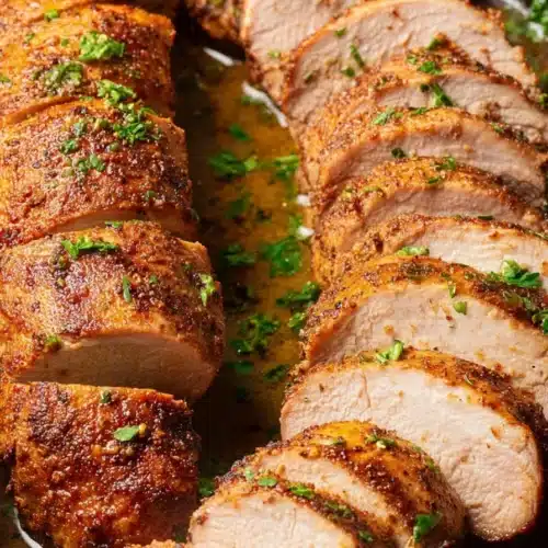 Juicy baked pork tenderloin slices with golden crust and parsley garnish in skillet