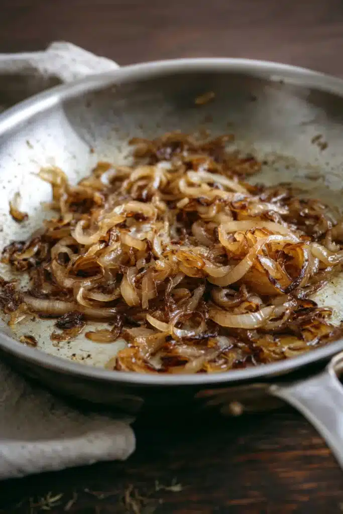 Golden caramelized onions in skillet for French Onion Chicken recipe