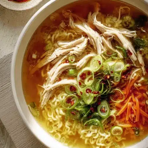 Ginger scallion chicken noodle soup with noodles, scallions, and chili oil in golden broth