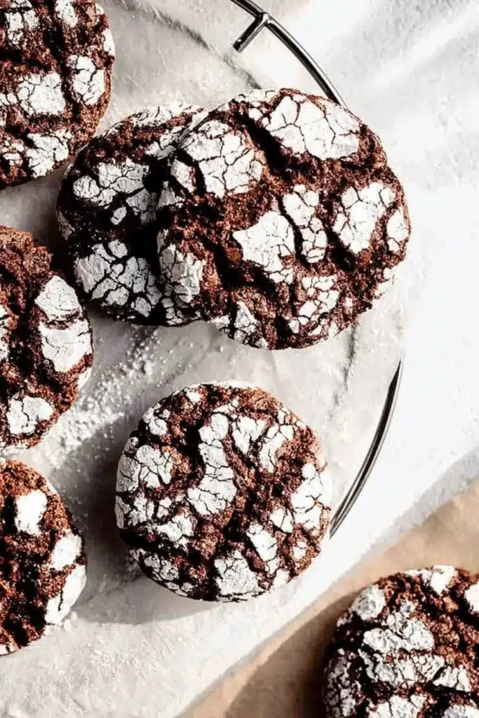 Freshly baked gluten free chocolate crinkle cookies cooling on wire rack