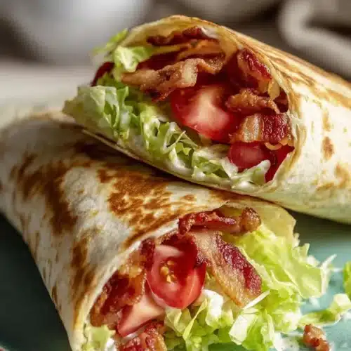 Gourmet BLT Wraps with Secret Sauce cut in half with crispy bacon, lettuce, and tomato on green plate
