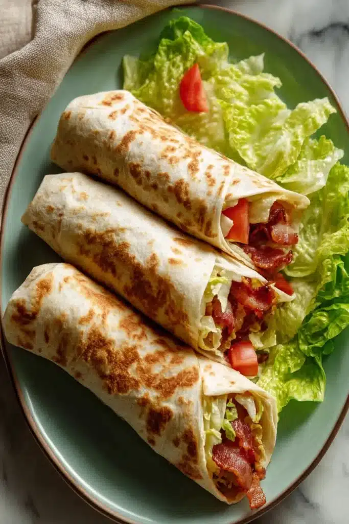 Three BLT wraps with crispy bacon, lettuce, and tomato on green plate