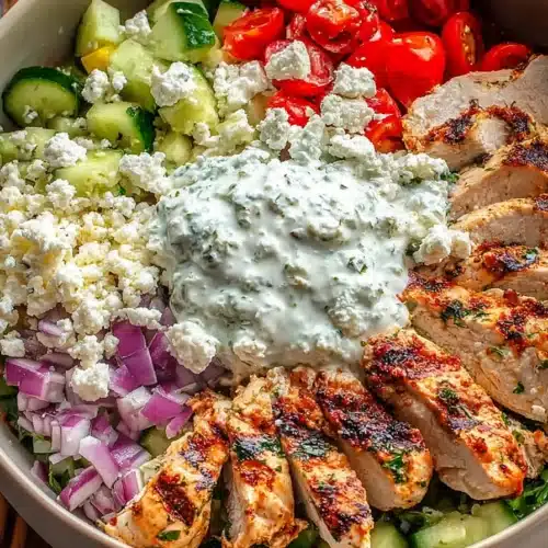 Greek Chicken Bowls with grilled chicken, tzatziki, and fresh vegetables