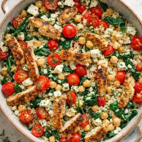 Greek chicken and lemon rice skillet with chickpeas, spinach, and feta