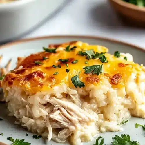 Healthy chicken cauliflower rice casserole slice with melted cheese and fresh herbs on a plate