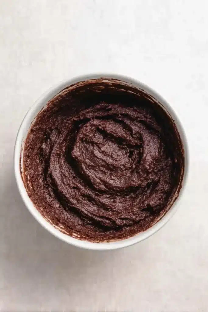 Thick chocolate brownie batter in white bowl on light surface