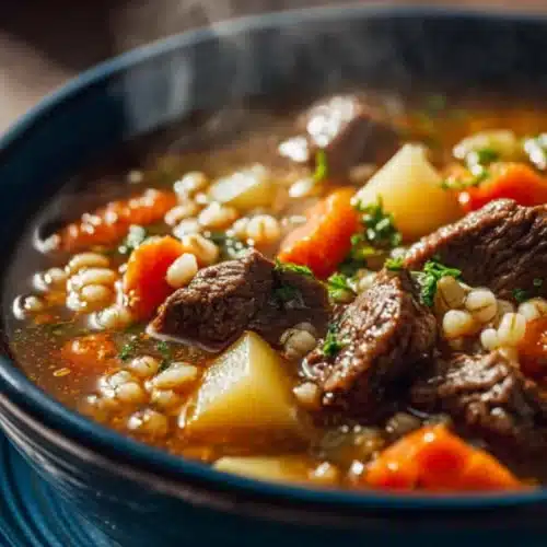Hearty Crockpot Beef and Barley Soup with carrots and tender beef chunks