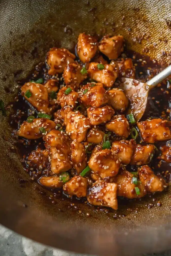 Honey Ginger Chicken Stir-Fry simmering in a wok with glossy sauce