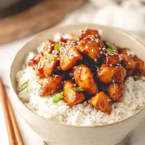 Honey Ginger Chicken Stir-Fry served over rice with sesame seeds and green onions