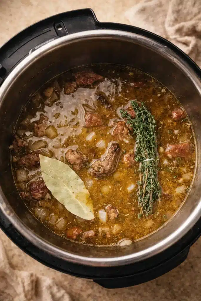 Instant Pot Beef Tips 4 Beef tips, broth, and herbs in Instant Pot before pressure cooking