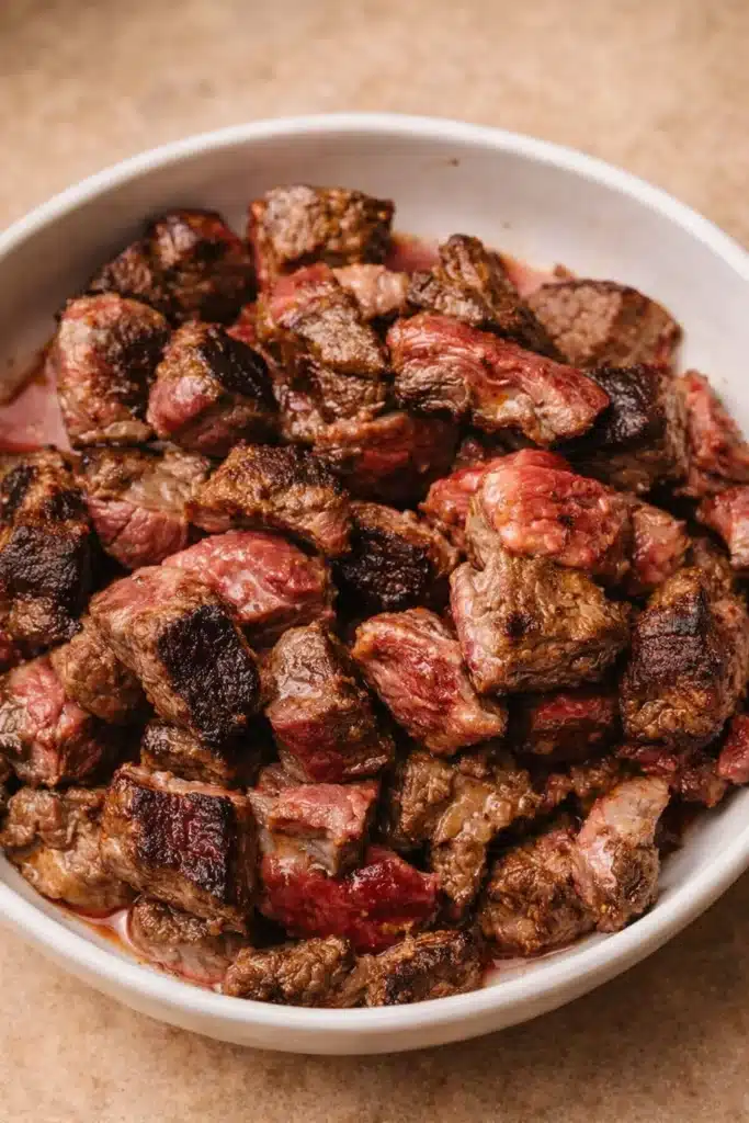 Instant Pot Beef Tips 2 Seared Instant Pot beef tips in a white bowl after browning