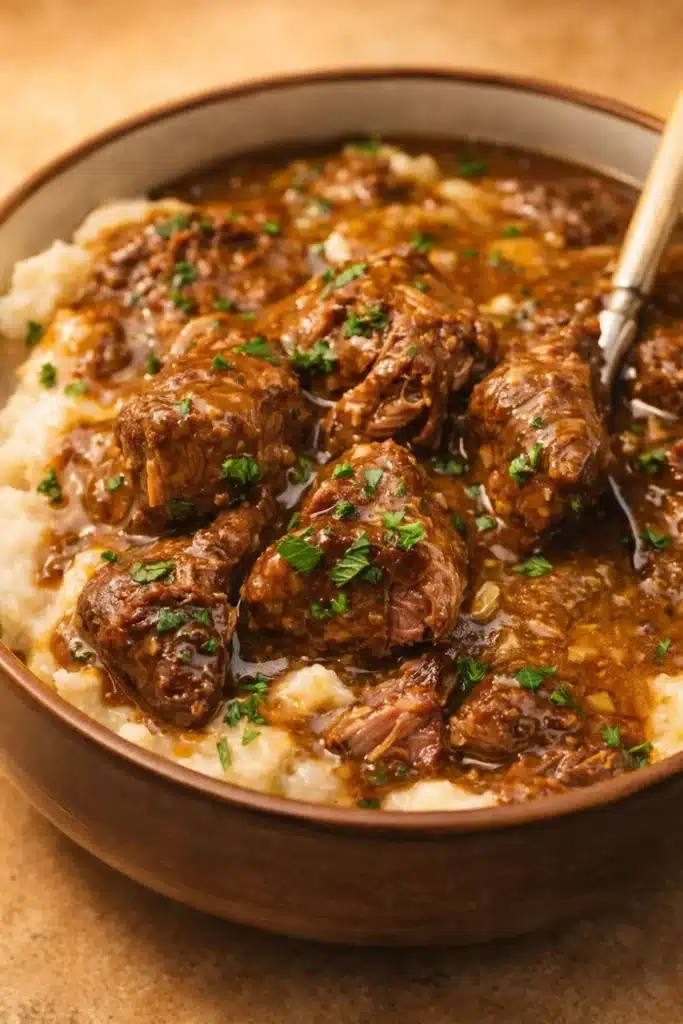 Instant Pot Beef Tips 5 Tender Instant Pot beef tips with rich brown gravy over mashed potatoes
