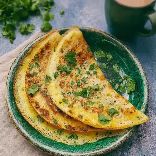 Instant Potato Dosa on a green plate with cilantro and chai
