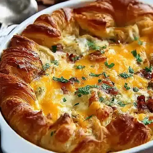 Irresistible Overnight Croissant breakfast casserole with melted cheese and parsley in white baking dish