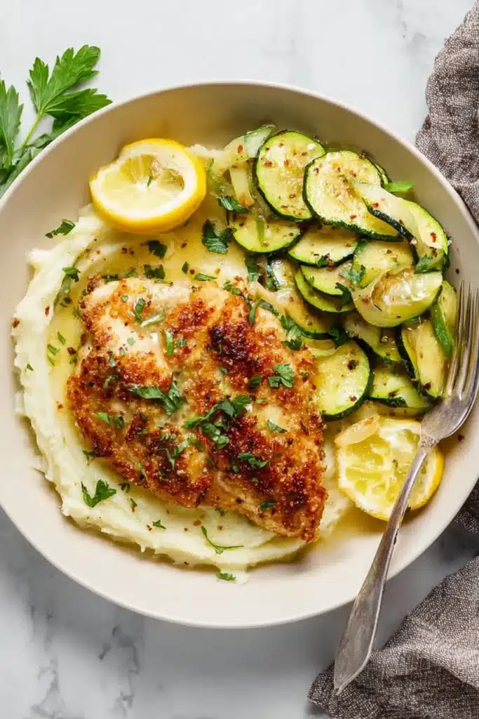 Lemon chicken with mashed potatoes and sautéed zucchini on a white plate