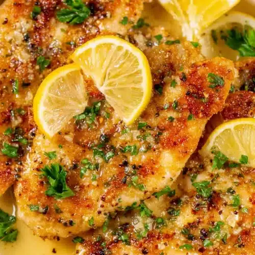Crispy lemon butter chicken with parsley and lemon slices on a plate
