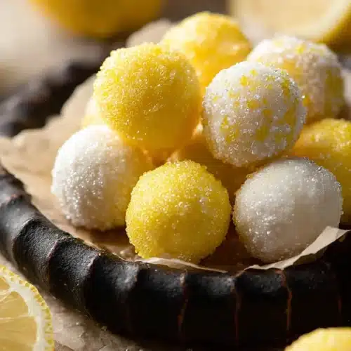 Bright lemon truffles on a dark plate coated in sugar and powdered sugar