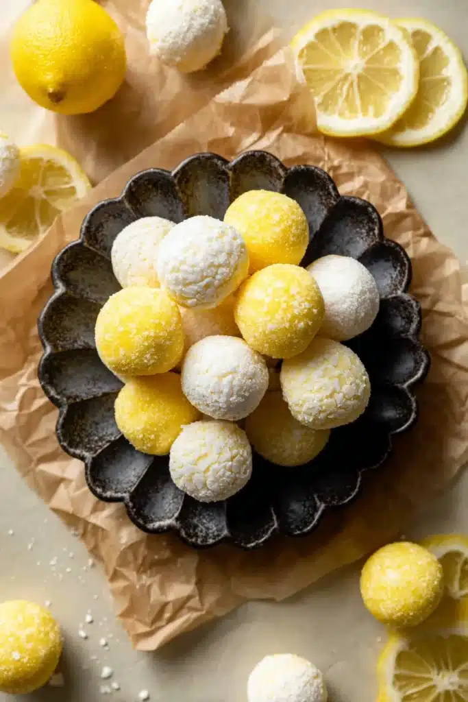 Lemon truffles on a dark plate coated in sugar and powdered sugar