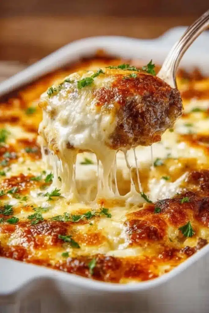 Baked Low Carb Philly Cheesesteak Casserole with melted cheese and parsley