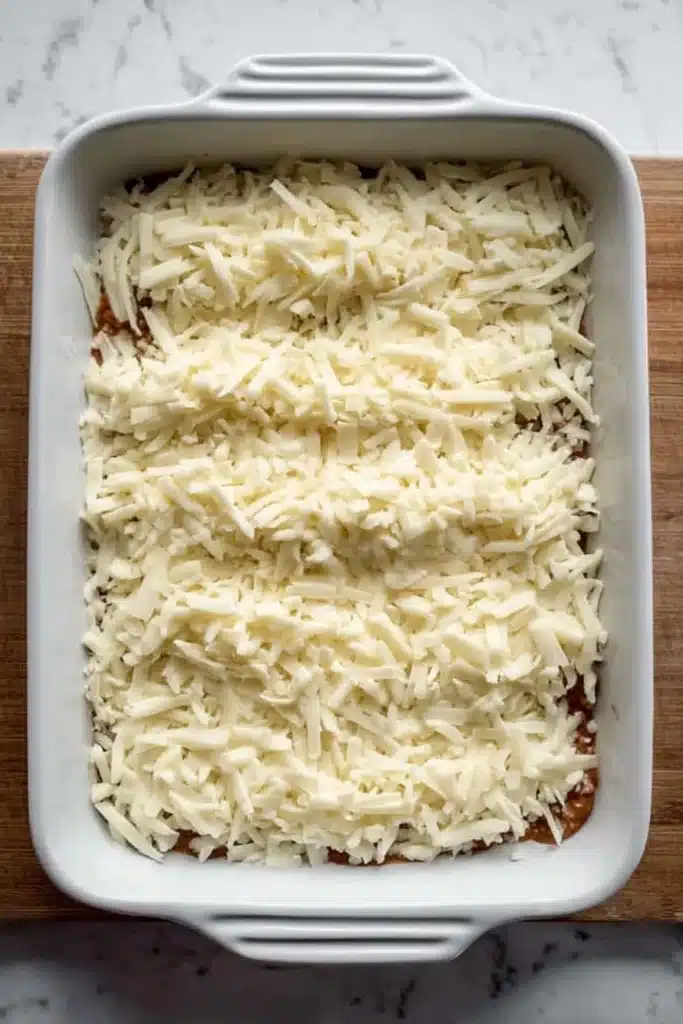 Unbaked Low Carb Philly Cheesesteak Casserole topped with mozzarella and provolone