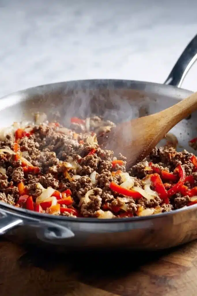 Ground beef with onions and peppers cooking in skillet for Philly Cheesesteak Casserole