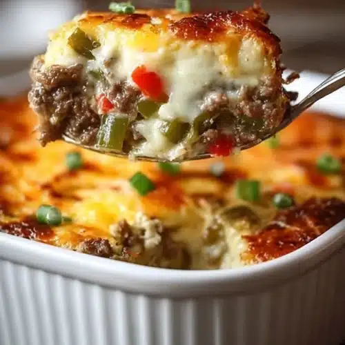 Cheesy Low Carb Philly Cheesesteak Casserole with ground beef and melted cheese
