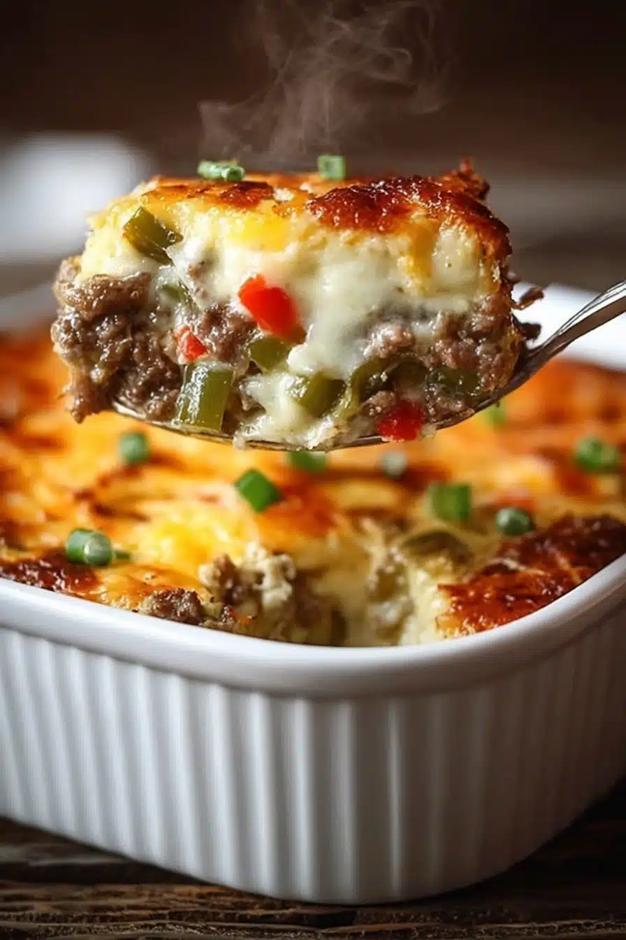 Low Carb Philly Cheesesteak Casserole (High Protein, Easy & Cheesy)