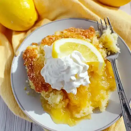 Magic Lemon Cobbler with whipped cream and lemon slices on white plate